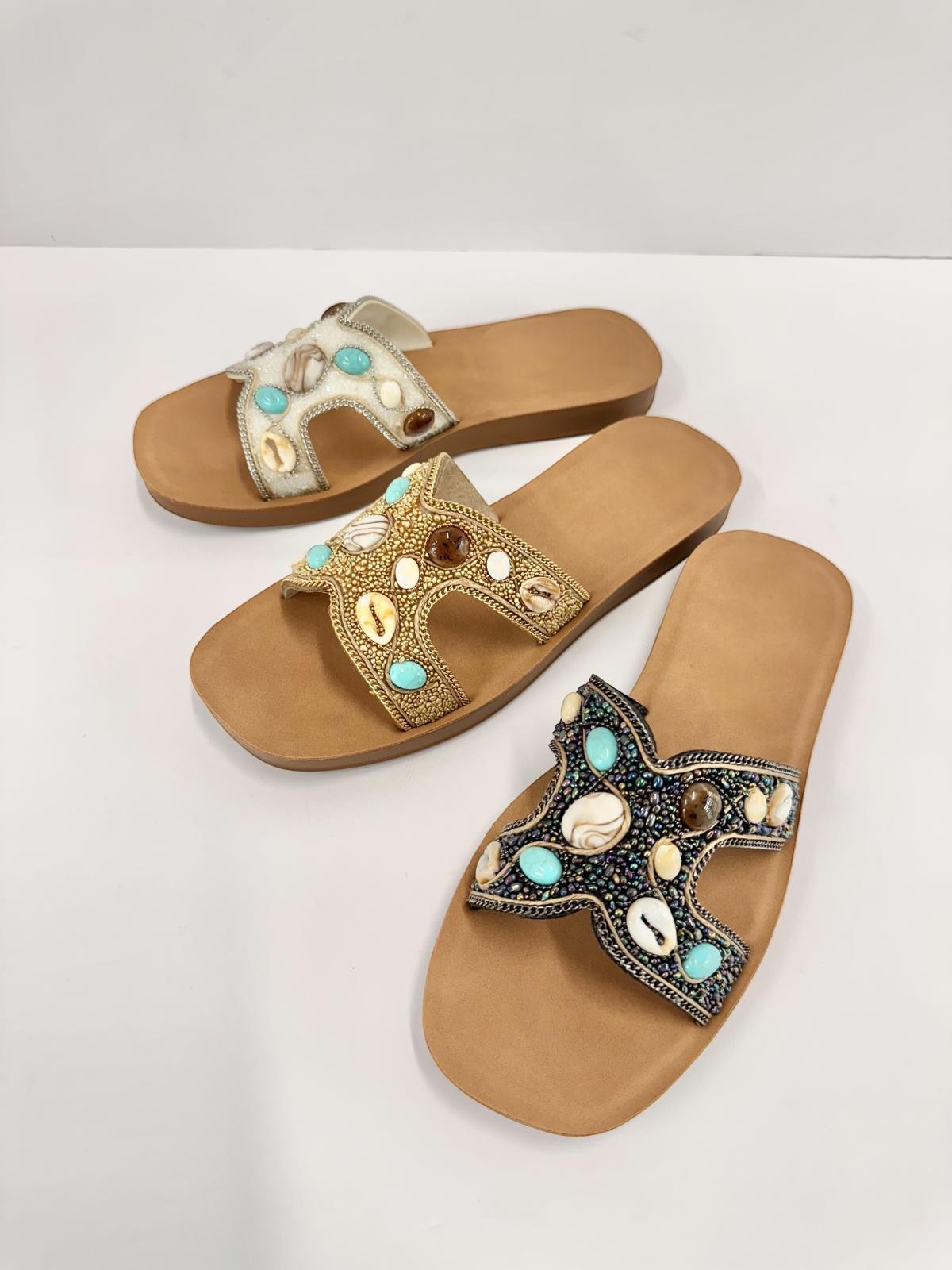 RARA Boutique boho slide sandals with seashell and beaded H-strap design, featuring a comfortable open-toe sandal style.