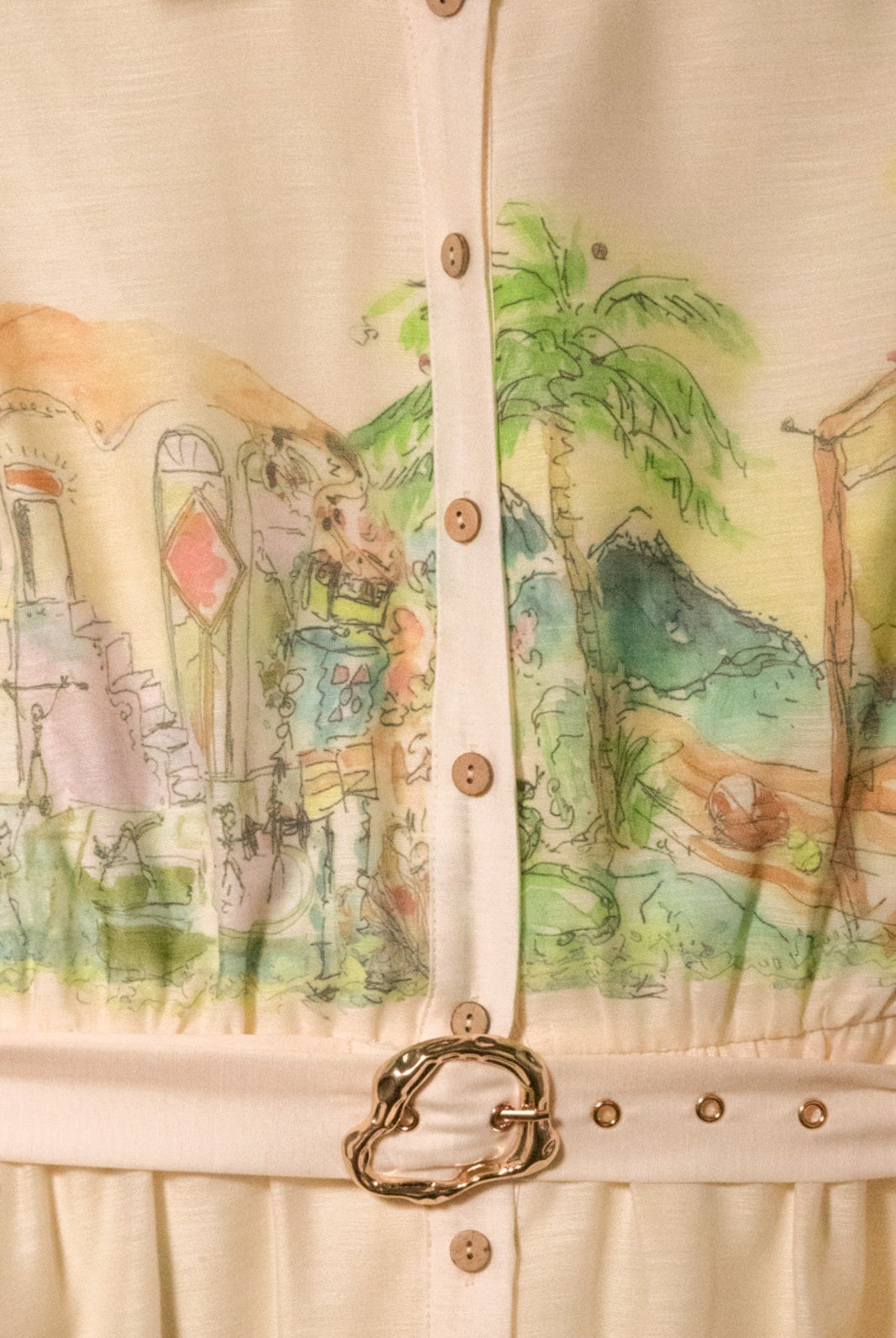 Watercolor village print belted midi dress by RARA Boutique in peach, featuring a flowy design and waist tie.