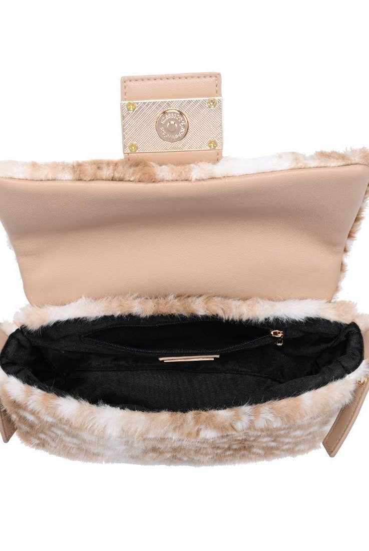 Urban Expressions Tuesday Beverly deer print fur crossbody bag with adjustable strap and zipper closure.