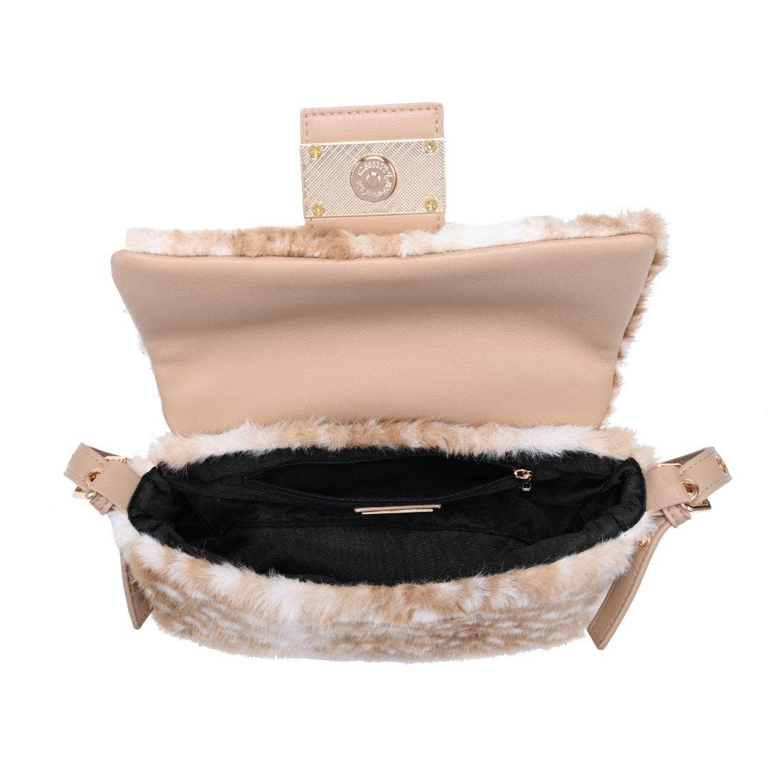 Urban Expressions Tuesday Beverly deer print fur crossbody bag with adjustable strap and zipper closure.
