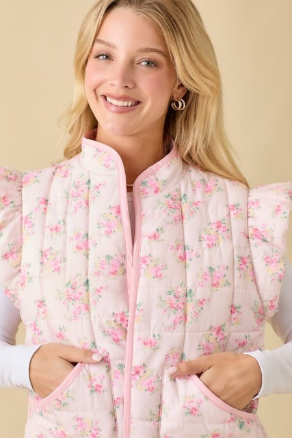 Floral Printed Ruffle Sleeve Quilted Puff Vest - Main Strip - RARA Boutique