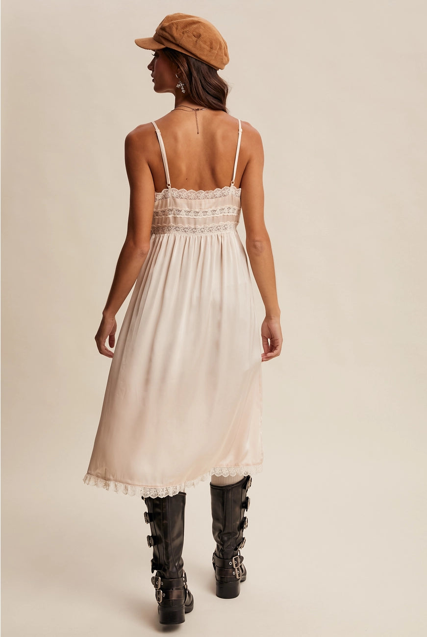 RARA Boutique satin lace trim maxi cami top with elegant design, lightweight fabric, and delicate lace details.