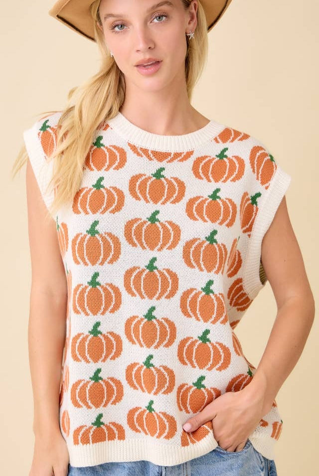 Pumpkin Print Knit Sweater Vest Sleeveless Top - Main Strip - RARA Boutique