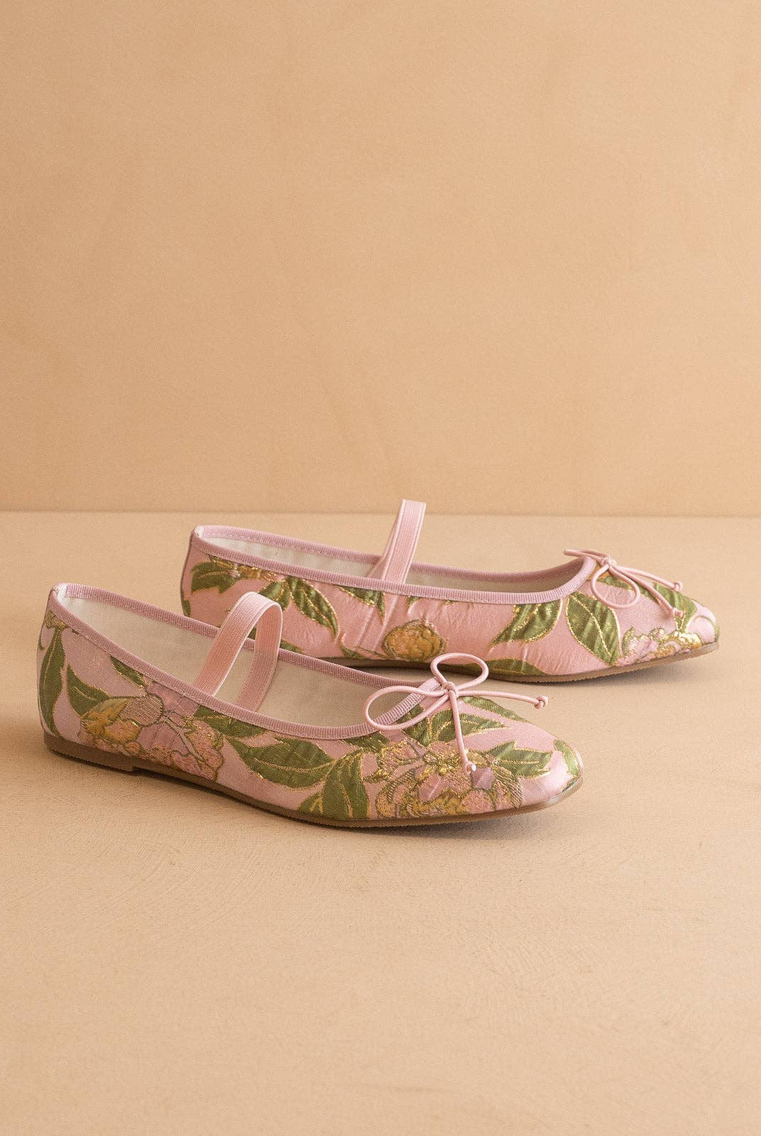 RARA Boutique Rose Garden floral jacquard Mary Jane flats with decorative bow and floral pattern, stylish and comfortable footwear.