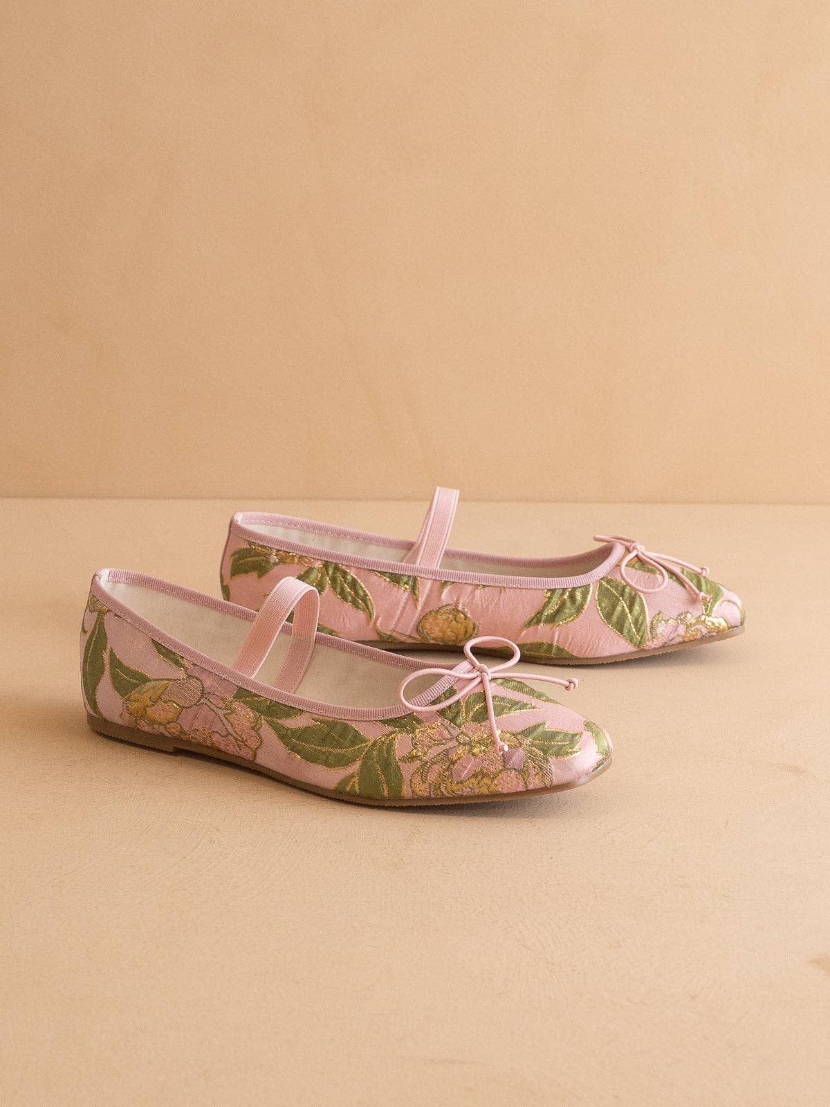 RARA Boutique Rose Garden Floral Jacquard Mary Jane flats featuring intricate floral patterns and a classic slip-on design.