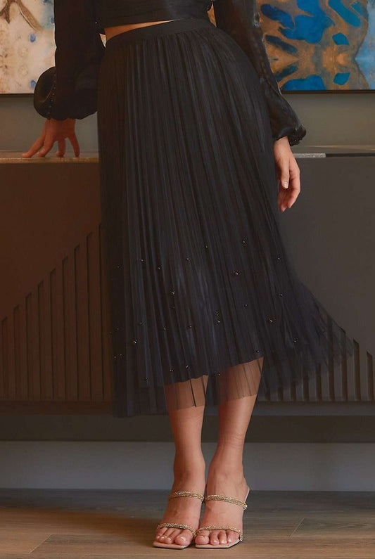 Pearl Embellished Pleated Mesh Midi Skirt - RARA Boutique