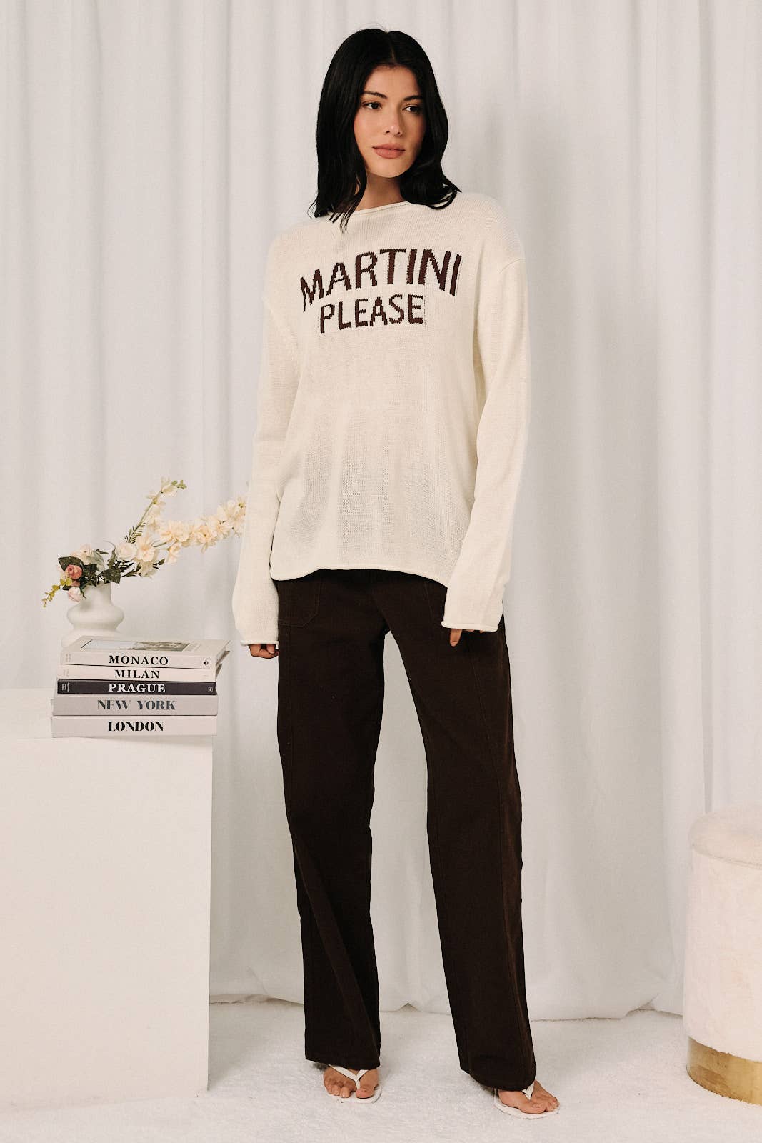Lightweight Sunday Edition by LE LIS long sleeve sweater with round neck and "Martini Please" print, casual and stylish.