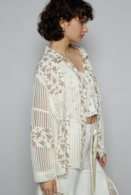 Floral Gauze Patch Crochet Button Down Shirt - POL - RARA Boutique