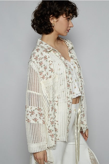 Floral Gauze Patch Crochet Button Down Shirt - POL - RARA Boutique
