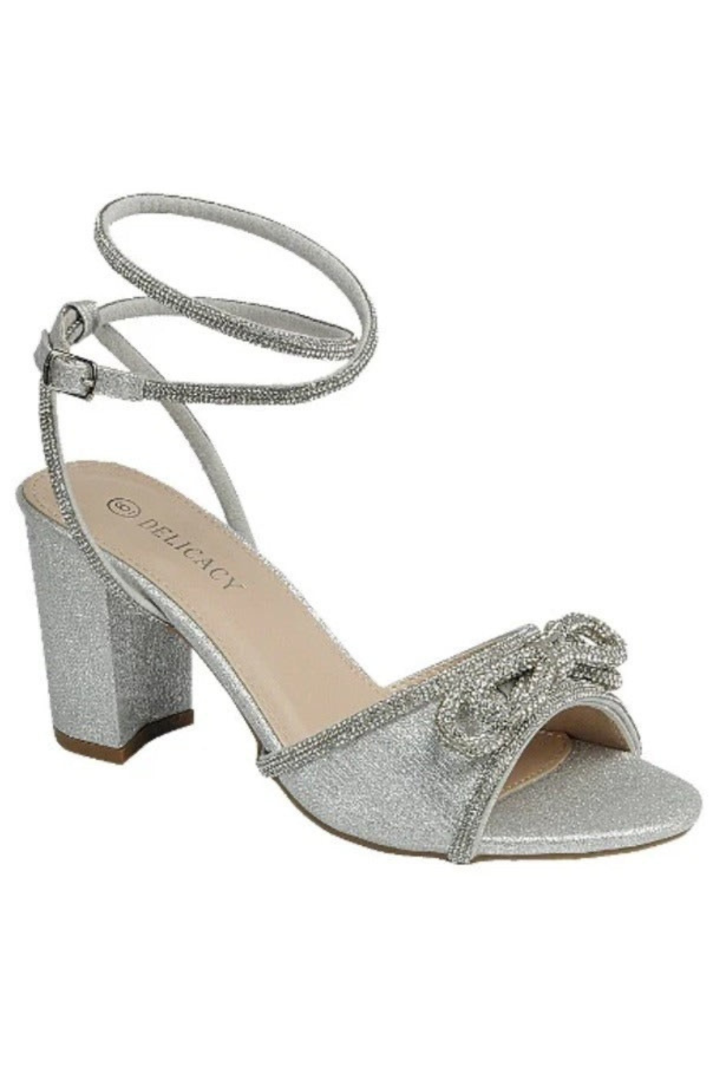 Rhinestone embellished bow lace-up block heels from RARA Boutique featuring delicate detailing and a stylish heel design.