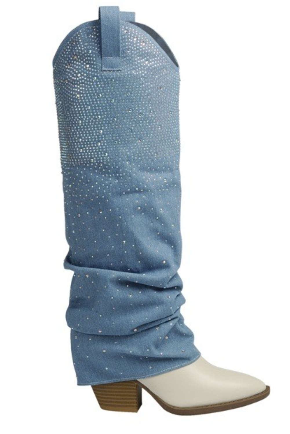 Rhinestone Slouchy Denim Two-Tone Fold Over Boots - Forever - RARA Boutique