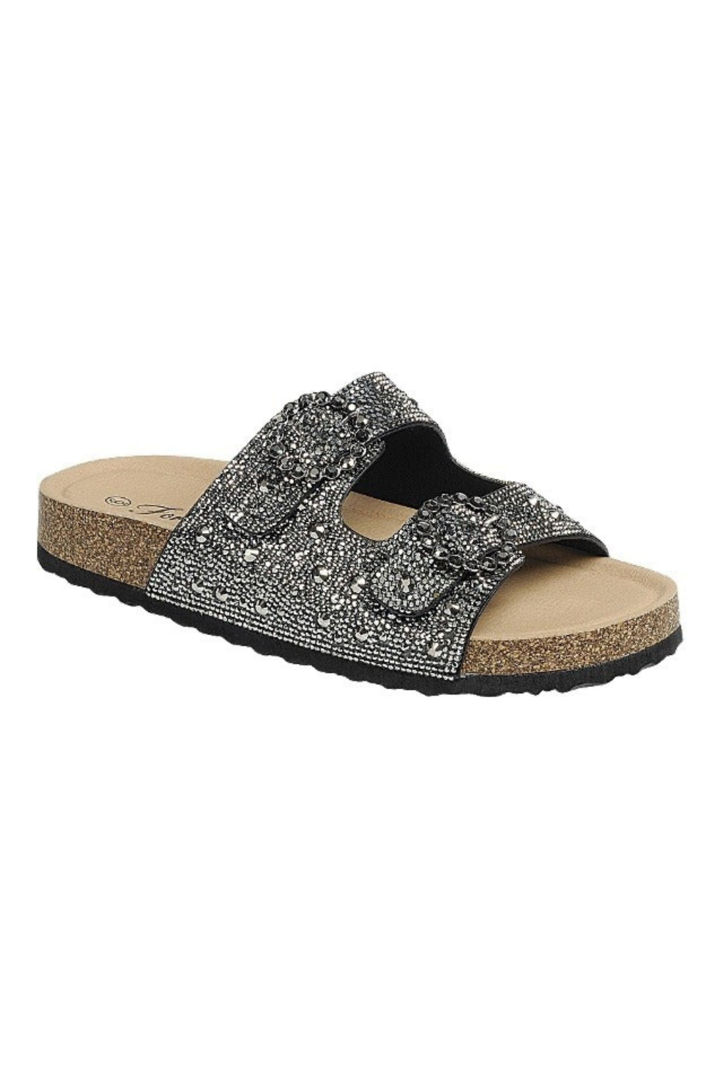 Rhinestone Cork Sole Double Buckle Slide Sandals - Forever - RARA Boutique