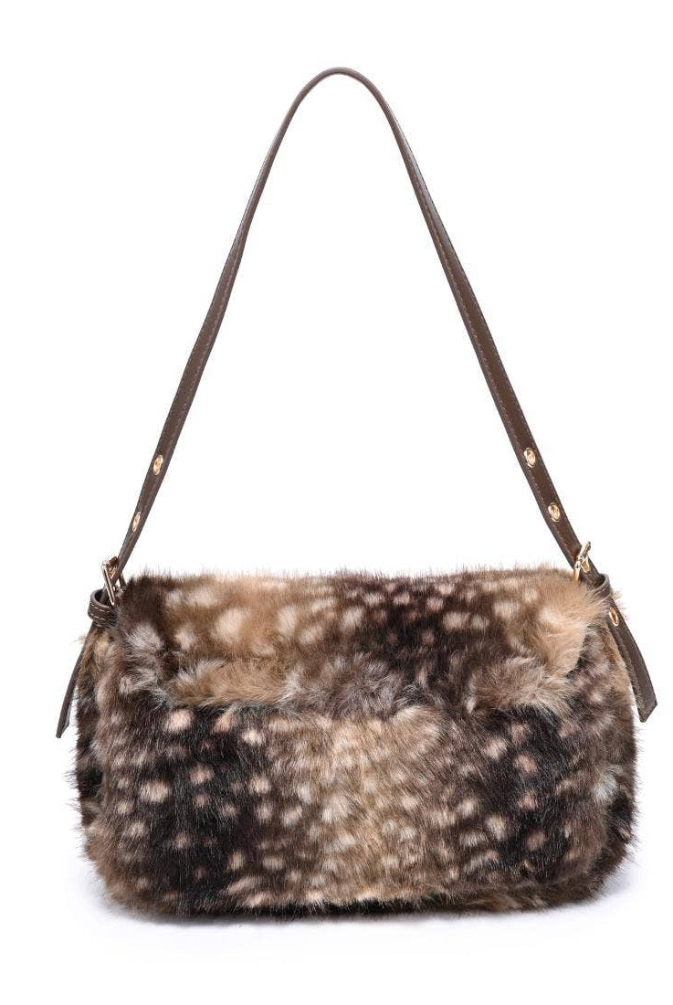 Urban Expressions Tuesday Beverly deer print fur crossbody bag with adjustable strap and gold hardware.