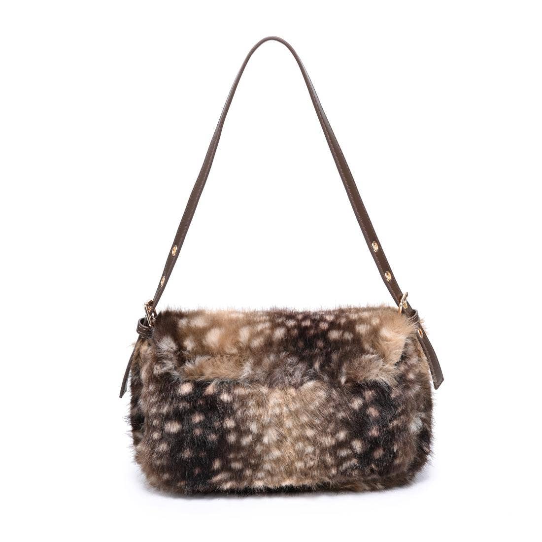Urban Expressions Tuesday Beverly deer print fur crossbody bag with adjustable strap and gold hardware.