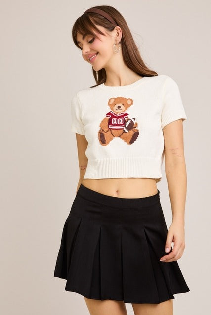 Short Sleeve Football Teddy Bear Sweater Crop Top - Le Lis - RARA Boutique