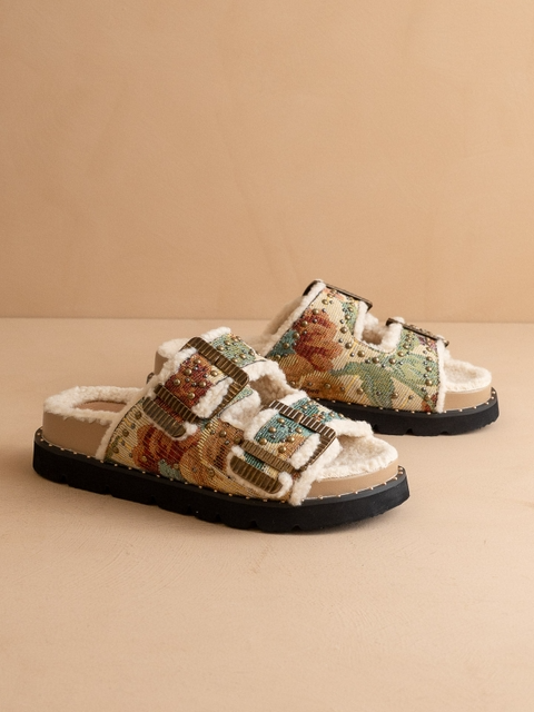 Studded Floral Tapestry Sherpa Lined Buckle Slide Sandals - Oasis Society - RARA Boutique