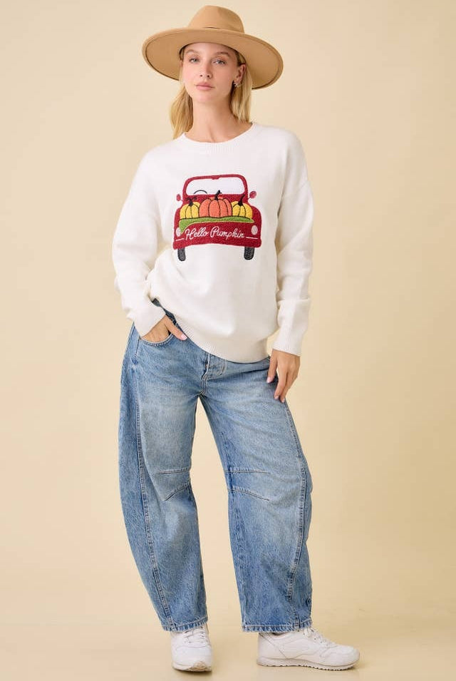 Textured Pumpkin Patch Truck Embroidered Patchwork Sweater - Main Strip - RARA Boutique