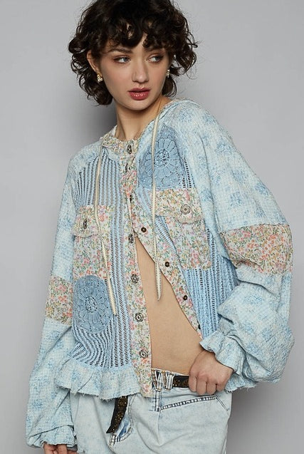 RARA Boutique floral crochet and gauze jacket with balloon sleeves and contrasting design, perfect for a stylish layered look.