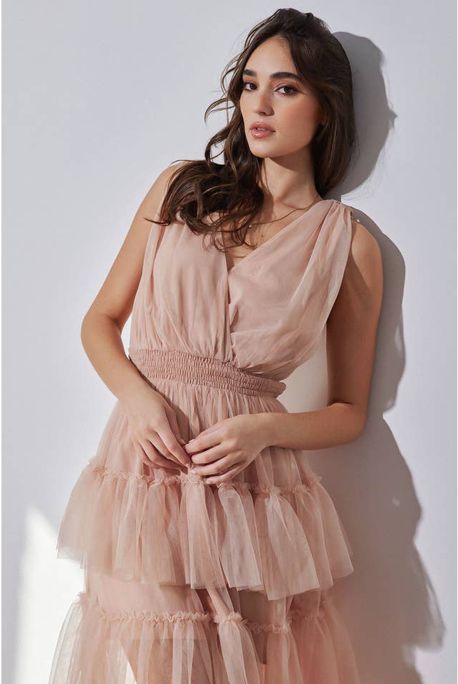 Tiered Tulle Ruffle Illusion Maxi Dress - RARA Boutique