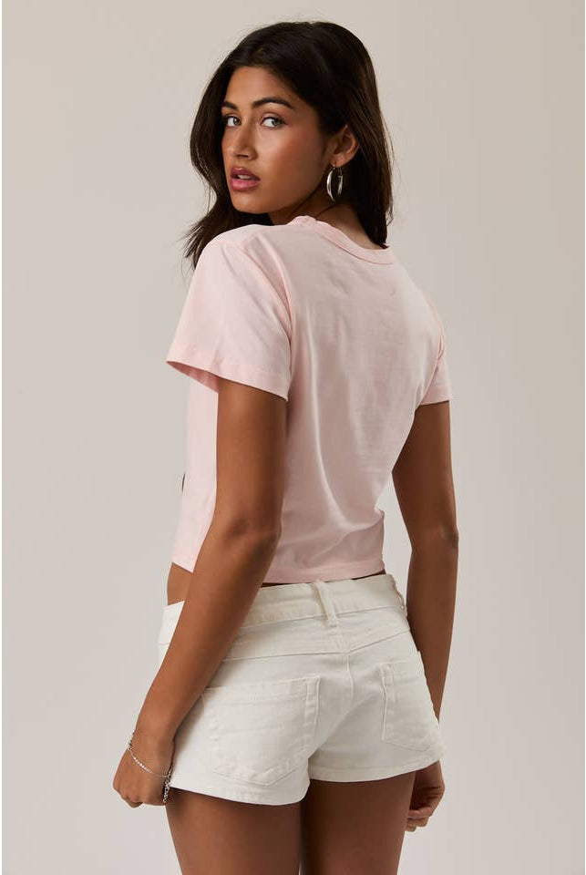 RARA Boutique Hibiscus tropical flower short sleeve cropped baby tee with vibrant floral print and relaxed fit.