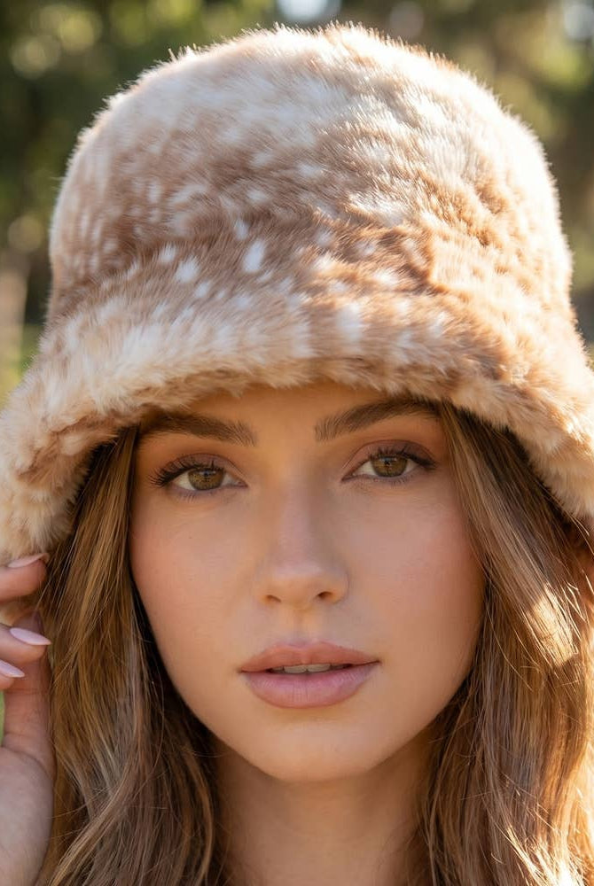 Spotted plush fawn fur bucket hat by Collections by Fame Accessories, featuring a soft, furry, animal print design.