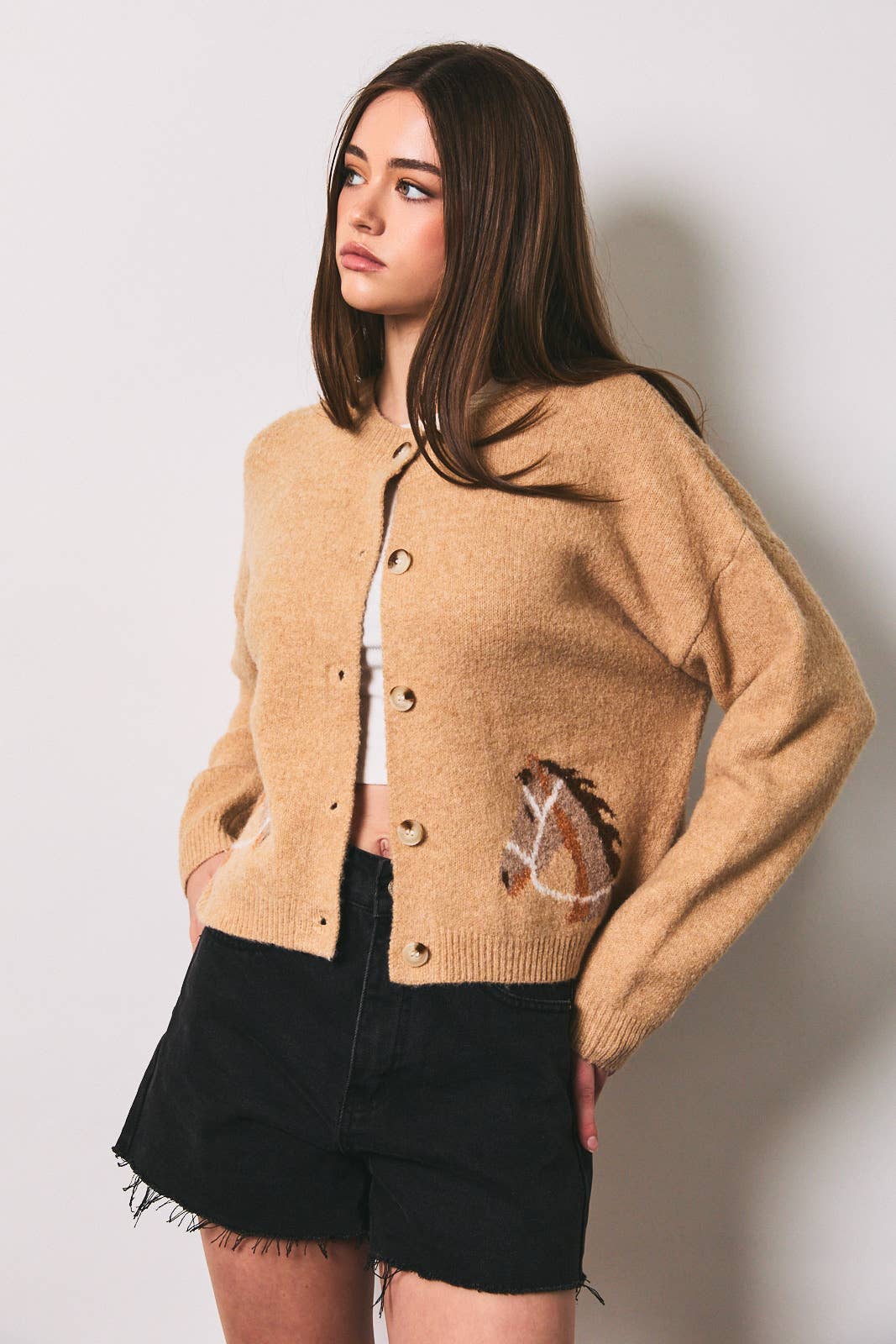 LE LIS horse graphic crew neck cardigan with colorful horse design on soft knit fabric, casual style and ribbed cuffs.