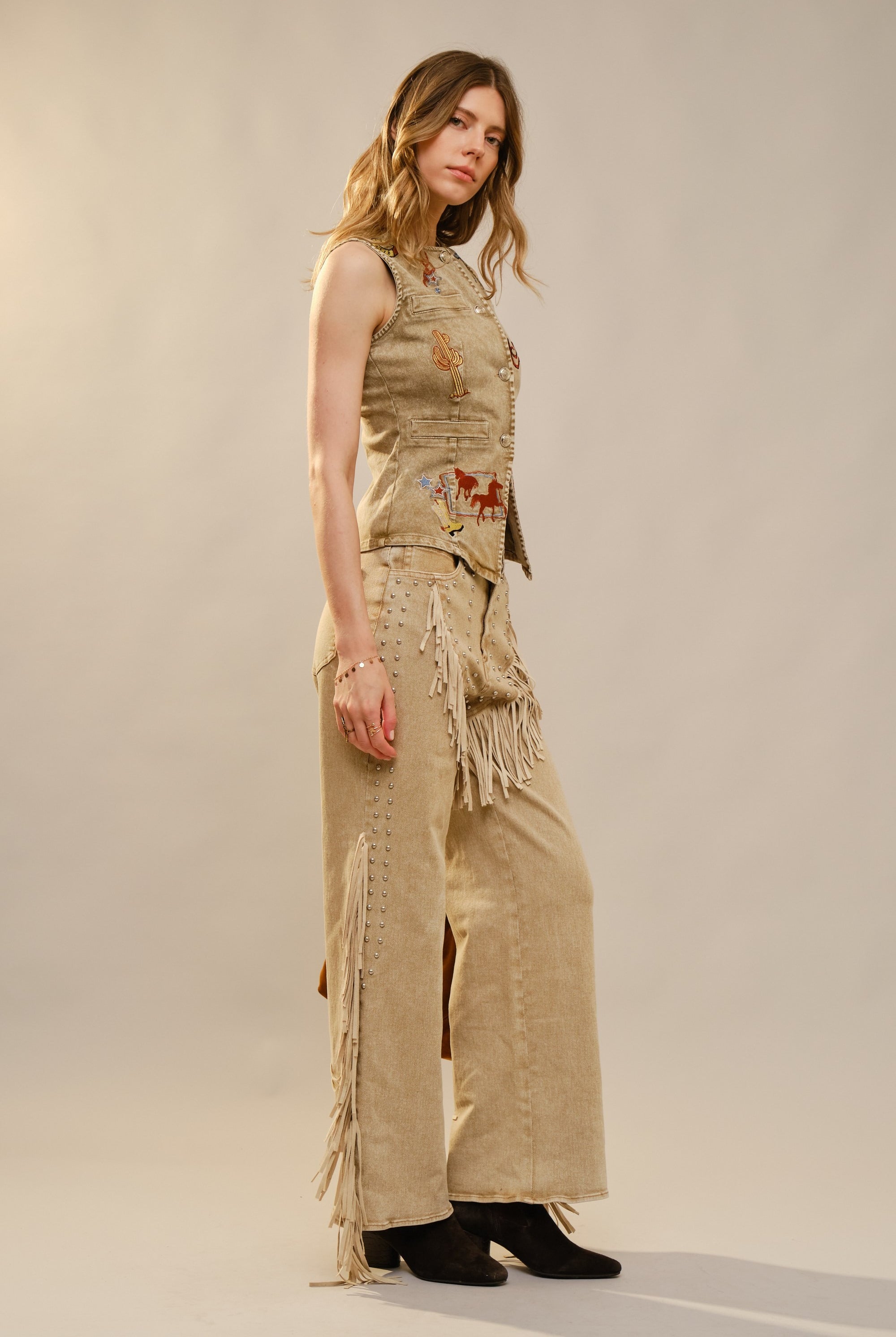 Western Embroidered Denim Vest Top - Blue B - RARA Boutique