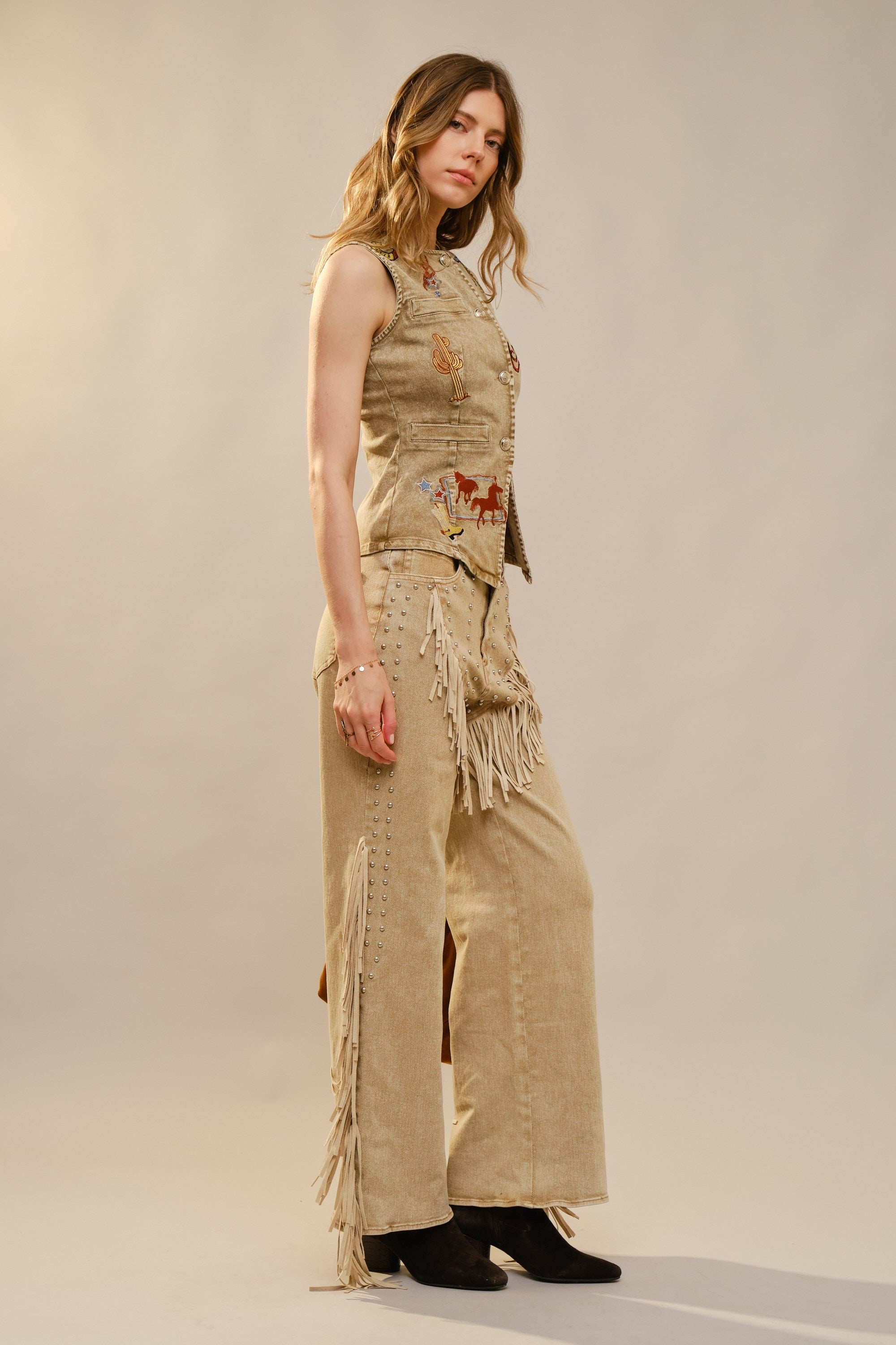 Western Embroidered Denim Vest Top - Blue B - RARA Boutique