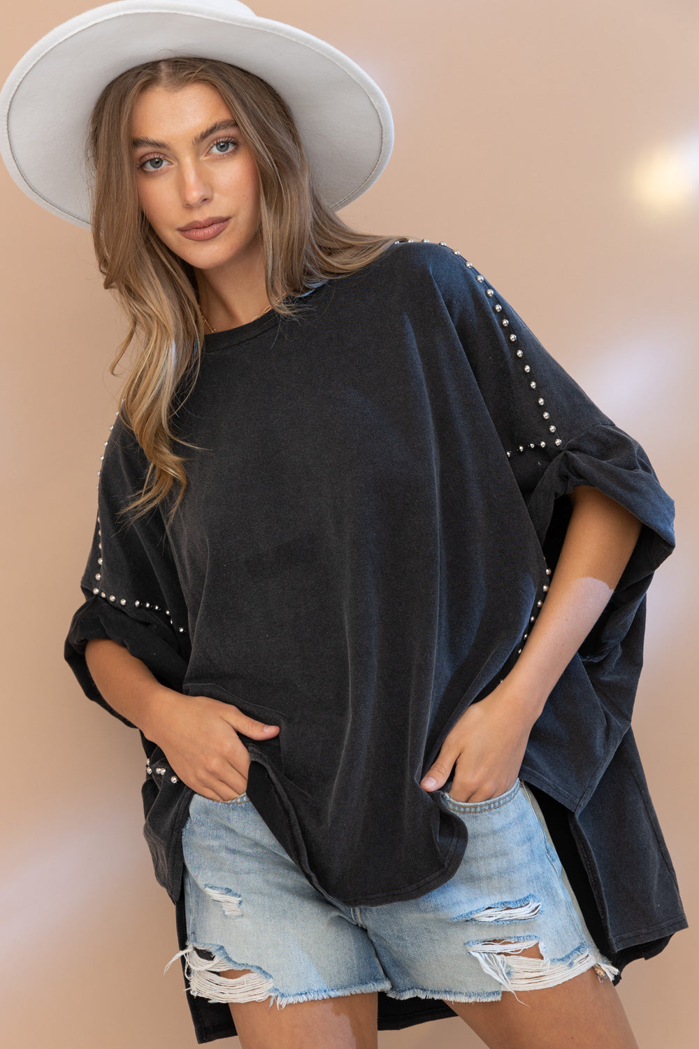 Studded Oversized High Low T Shirt - RARA Boutique