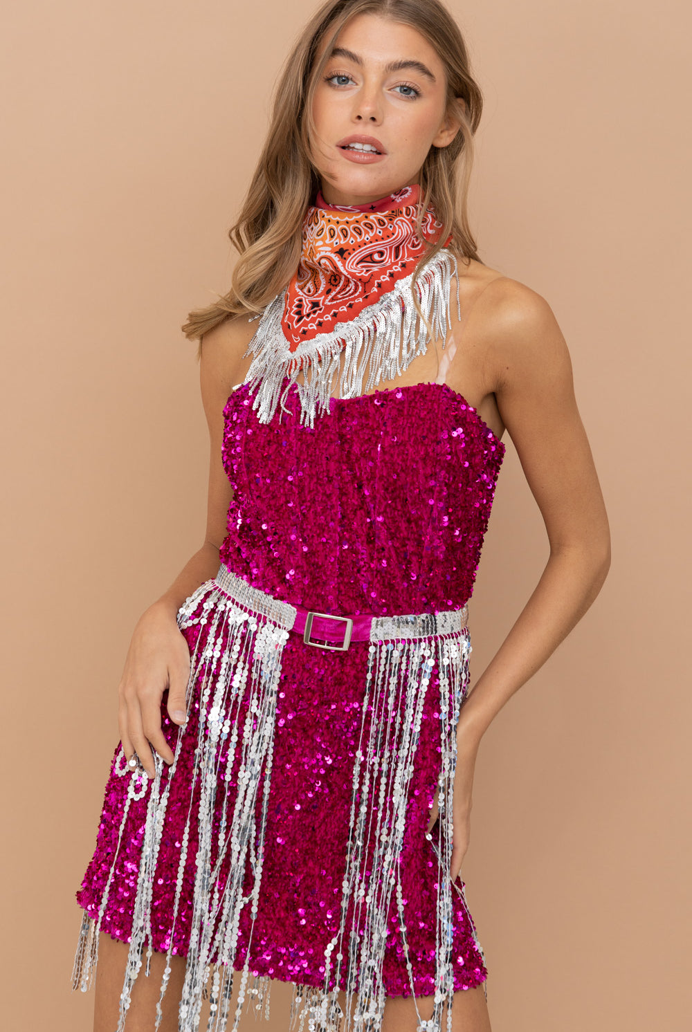 Sequin Fringe Mini Dress with Bandanna - RARA Boutique