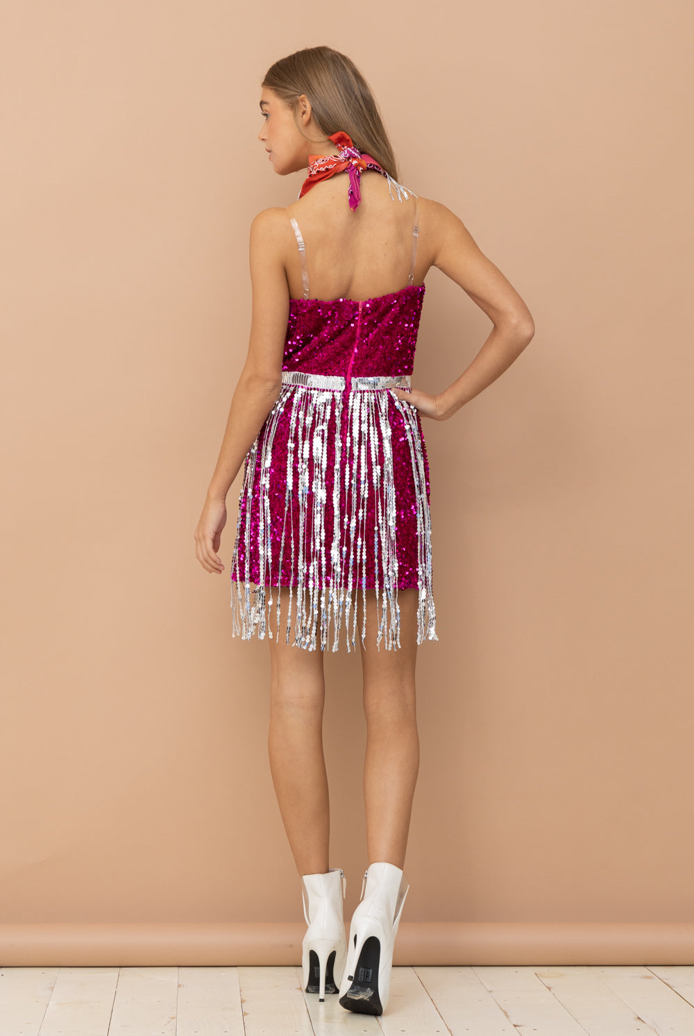Sequin Fringe Mini Dress with Bandanna - RARA Boutique