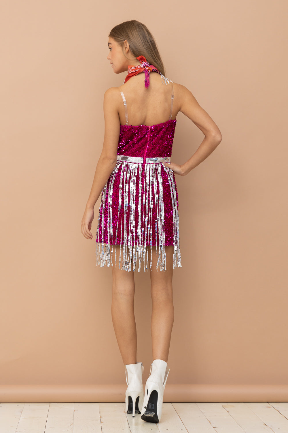 Sequin Fringe Mini Dress with Bandanna - RARA Boutique