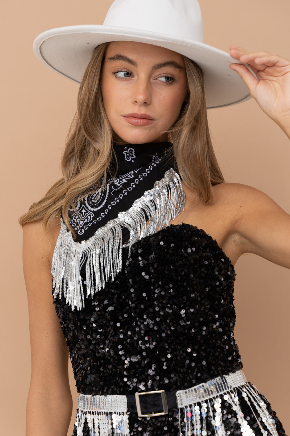 Sequin Fringe Mini Dress with Bandanna - RARA Boutique