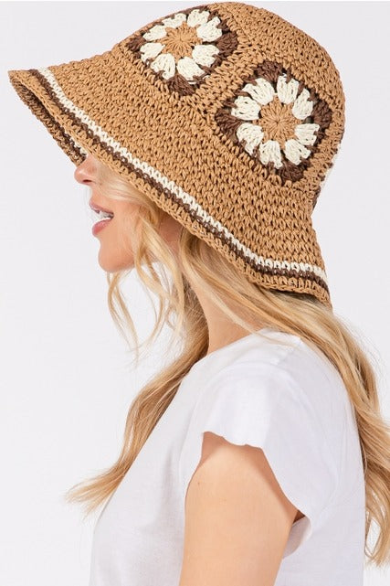 Floral Granny Square Crochet Straw Bucket Hat - RARA Boutique
