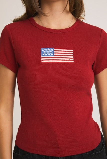 Ribbed baby T-shirt with embroidered American flag design by Le Lis, featuring a soft fabric and patriotic style.