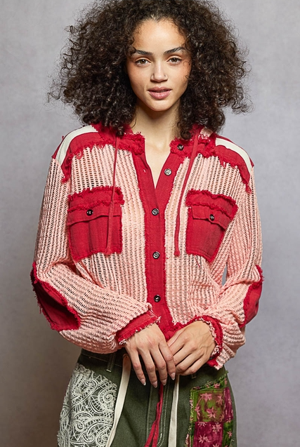 Open Knit Contrast Hooded Shacket with Frayed Edges - POL - RARA Boutique