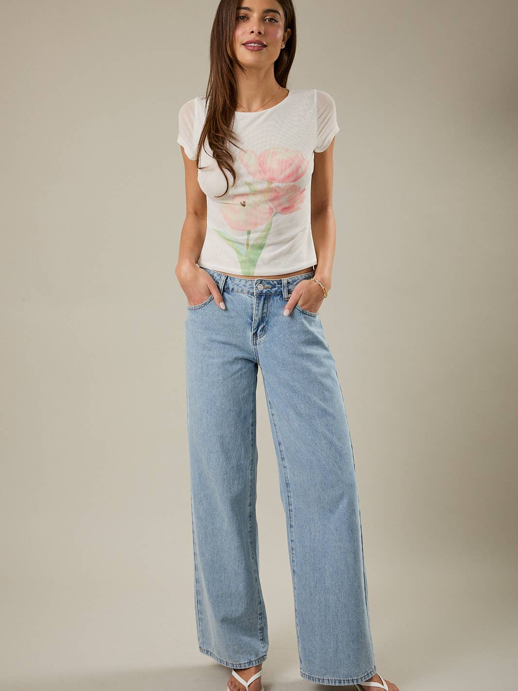 RARA Boutique boat neck floral graphic mesh blouse with long sleeves, stylish and lightweight for casual wear.