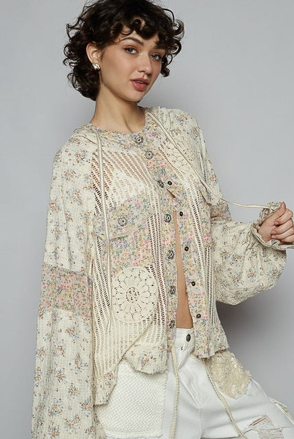 RARA Boutique balloon sleeve floral contrast crochet and gauze jacket with lightweight fabric and stylish design.
