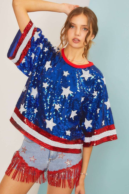 4th of July Star Print Sequin Crop Top - RARA Boutique