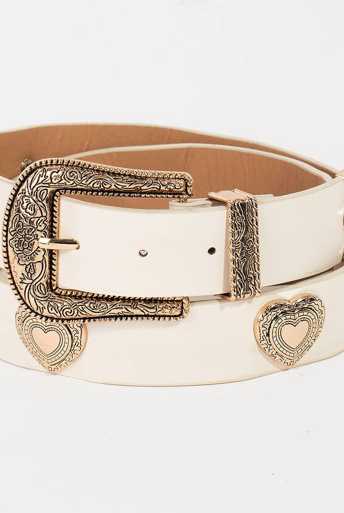 Western etched flower heart vegan leather belt with floral engraving and heart-shaped buckle from Collections by Fame Accessories
