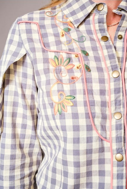 Long-Sleeve Gingham Western Embroidered Button Down Blouse - Blue B - RARA Boutique