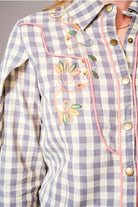 Long-Sleeve Gingham Western Embroidered Button Down Blouse - Blue B - RARA Boutique