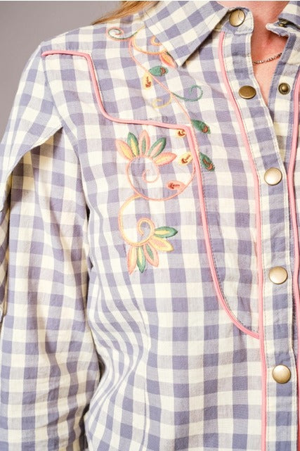 Long-Sleeve Gingham Western Embroidered Button Down Blouse - Blue B - RARA Boutique