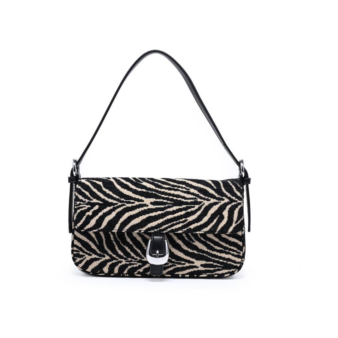 Urban Expressions Tuesday Gloria zebra shoulder bag with black and white striped pattern and adjustable shoulder strap.