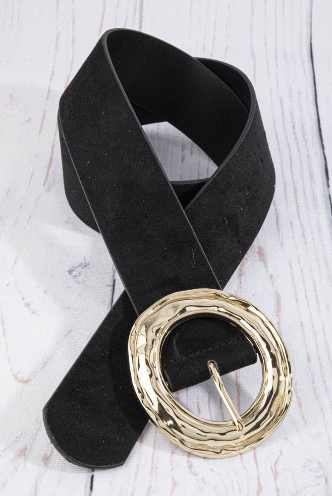 Suede hammered round buckle belt from Collections by Fame Accessories, showing close-up of textured suede strap and round metal buckle.