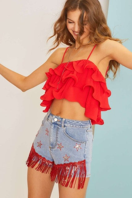 Sequin Fringe Star Denim Shorts - Main Strip - RARA Boutique