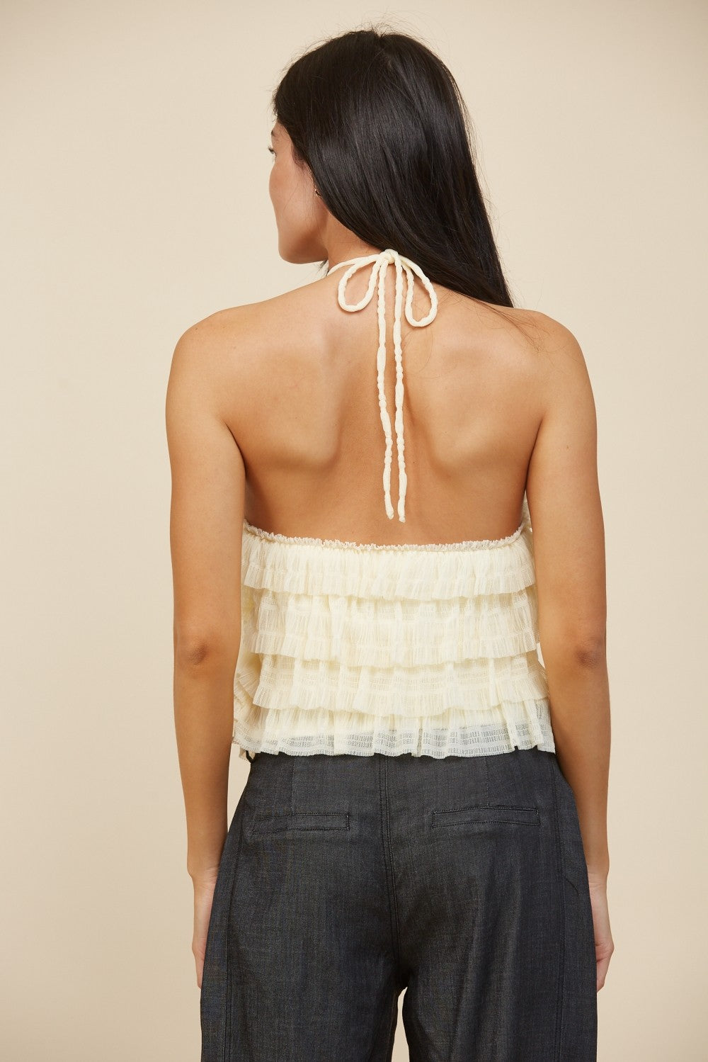 RARA Boutique tiered ruffle halter neck tank top with layered fabric in soft pastel colors, front view.