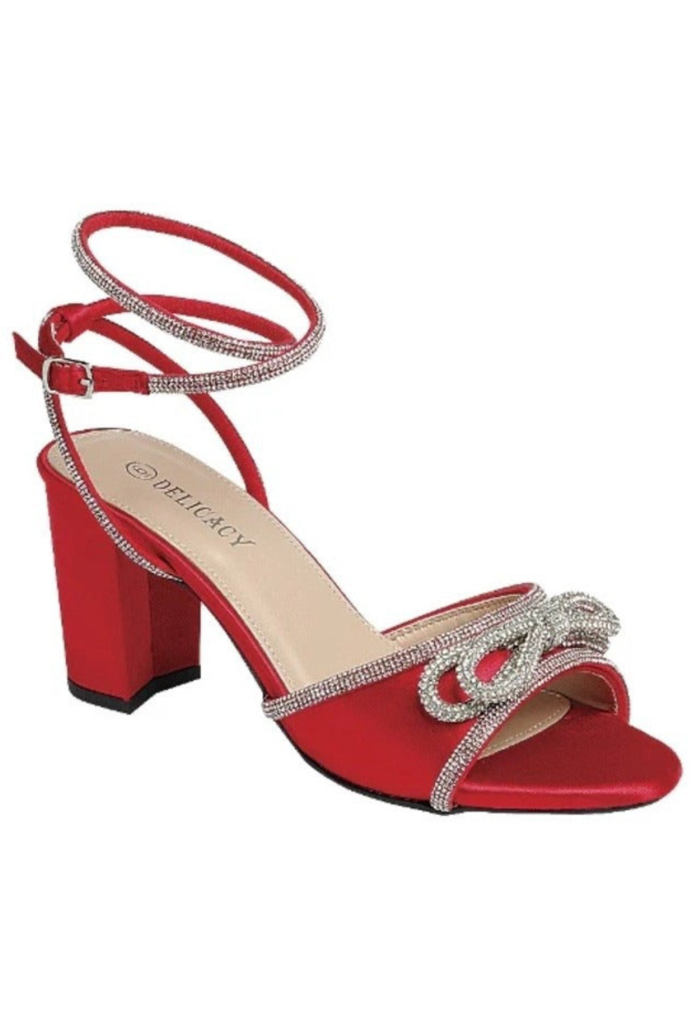 Rhinestone embellished bow lace-up block heels from RARA Boutique with delicate detailing and stylish design.