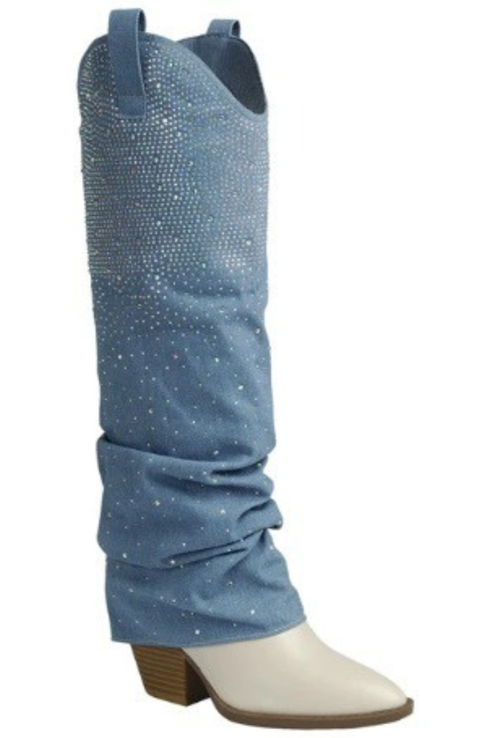 Rhinestone Slouchy Denim Two-Tone Fold Over Boots - Forever - RARA Boutique