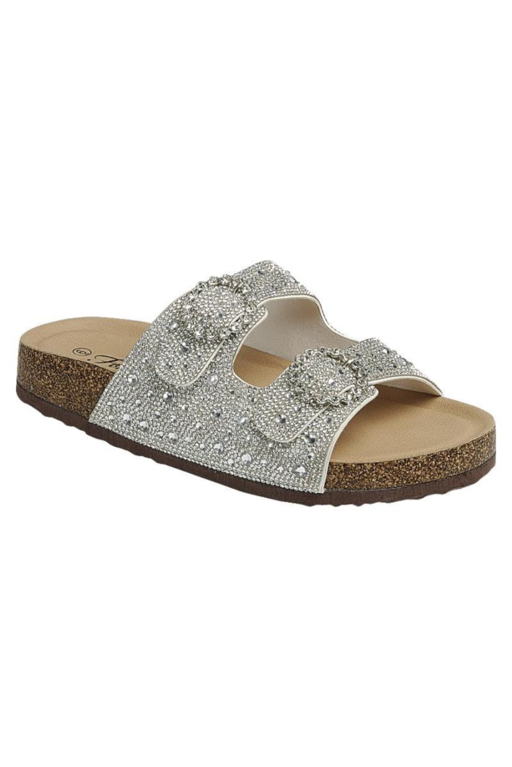 Rhinestone Cork Sole Double Buckle Slide Sandals - Forever - RARA Boutique